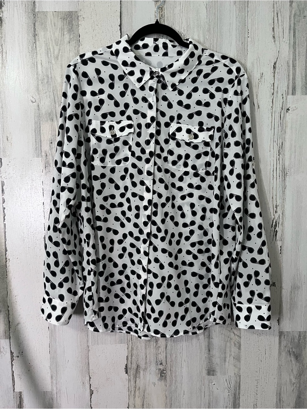 KARL LAGERFELD long sleeve aviator sunglasses print button down blouse Large - Picture 2 of 11